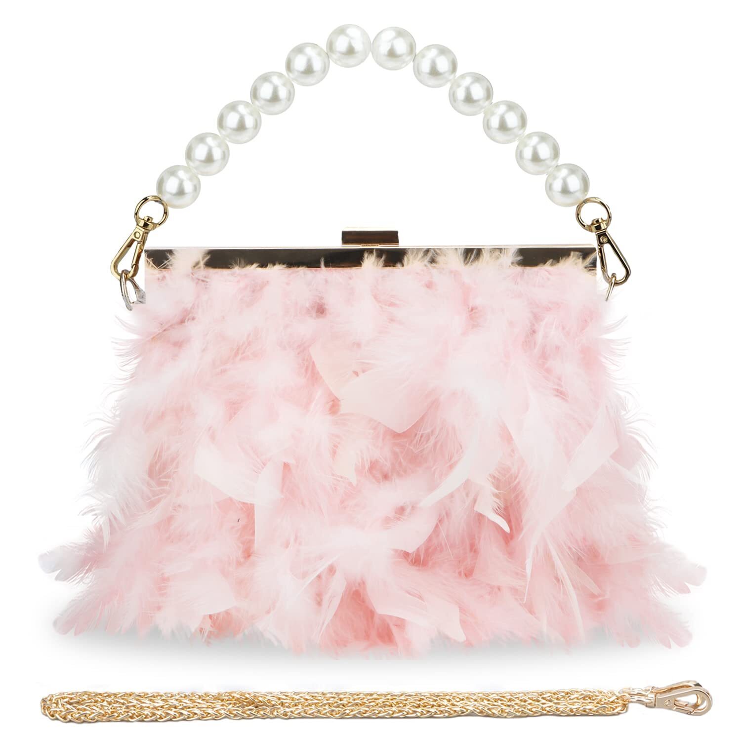 5357 Light Pink Feather Clutches Purses Bagpearl Fluffy Evening Handbags